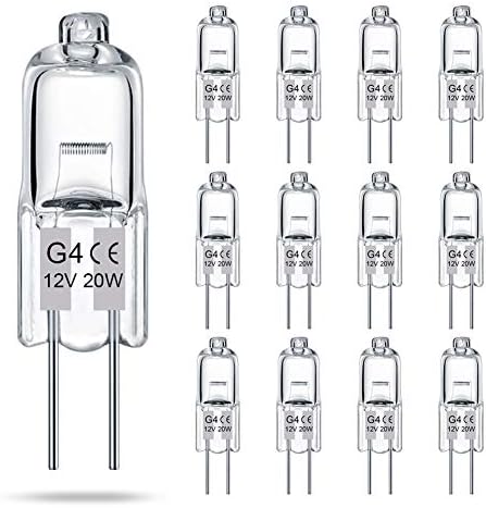 TAIYALOO G4 Bulb 12 Pack Crystal Clear Halogen Light Bulb 2 Pin 12V 20W JC T3 Bi-Pin G4 Base Dimmable 2700K Warm White 2 Prong Light Bulb for Under Cabinet Puck Light, Chandeliers, Landscape Lighting