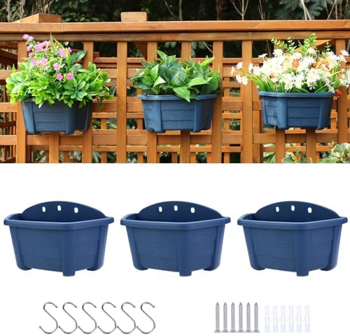 summer flower 3Pcs Hanging Flower Pots,Plant Pot with Detachable Hooks, 9.84" Countryside Style Wall Planters for Balcony Decor Garden Yard(Navy Blue)