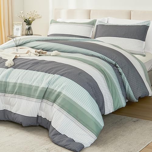 Litanika King Size Comforter Set Sage Green - 3 Pieces Lightweight Bedding Comforter Sets, Light Green White Colorblock Stripe Fluffy Bed Set, All Season Down Alternative