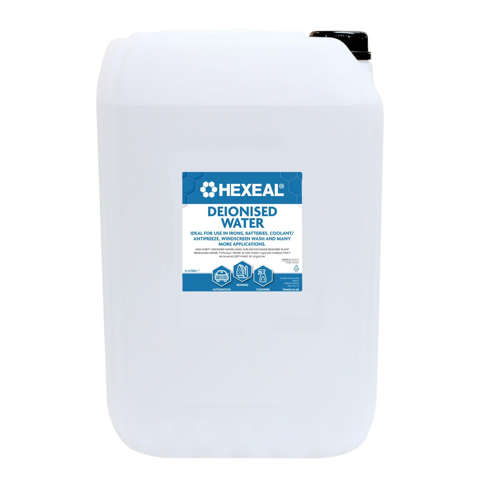 Hexeal Deionised Water 25L – 25L of Deionised Water for Steam Irons, Car Batteries, Windscreen Fluid & Antifreeze – Demineralised Water, Reduces Limescale Deposits & Water Stains – For Lab Use