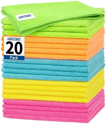 FIXSMITH Microfiber Cleaning Cloth, 20 Pack Cleaning Rags, Cleaning Towels for Housekeeping, Kitchen, Car, Lint-Free, Reusable Shop Towels with 5 Colors (Green/Blue/Yellow/Orange/Pink), 12"X12"