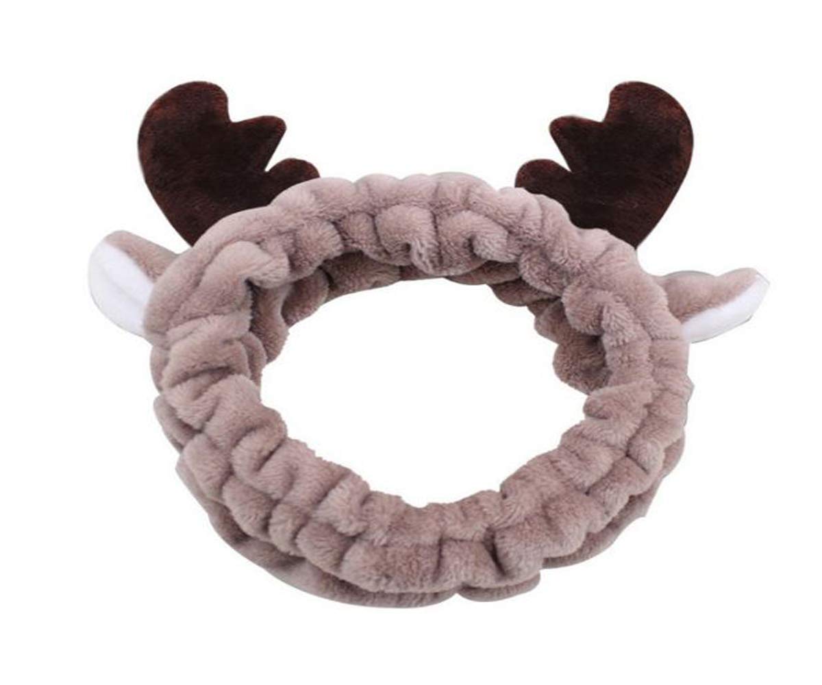 RKPM HOMESCute Deer Antler Cat Ears Plush Headbands Soft Elastic Hair Loop Hair Bands Facial Makeup Wrap for Women Shower SPA Mask (Coffee)