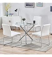 SICOTAS Round Dining Table Set for 4,Modern Kitchen Table and White Chairs,Dining Room Table Set ...