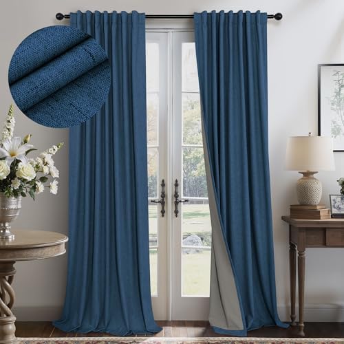 Navy Blue Black Out Curtains 96 Inches Long 2 Panels Linen Textured Blackout Window Treatment Drapes Living Room Darkening Thermal Patio Sliding Glass Door Curtains for Bedroom Dark Indigo 96 Length