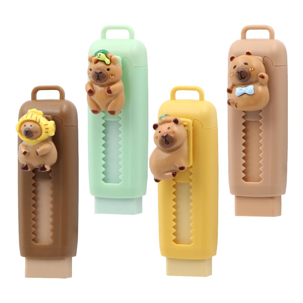 Capybara Retractable Erasers, 4 PCS Cute Rubber, Push-Pull Rubber Eraser, Pencil Erasers Cute Erasers for Kids Boys Girls Students Capybara Lovers School Office Supply Stationery