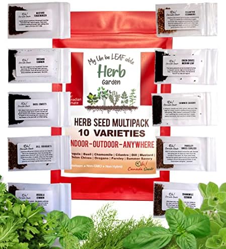 Oh! Canada Seeds, 9700 Herb Seeds - 10 Heirloom Seeds for Planting Canada, Herb Garden Indoor Kit, Outdoor or Indoor Herb Garden Kit, Gardening Gifts Includes Basil Seeds, Dill Seed, and Other Herbs