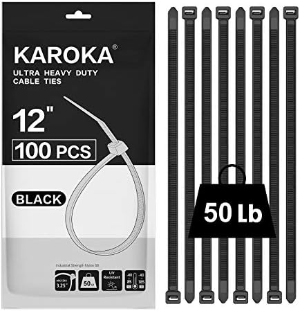 Zip Ties 12 inch (100 Pack), Black, 50 lb, UV Resistant Cable Ties for indoor and outdoor use, by Karoka