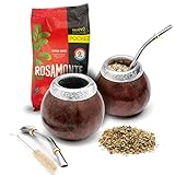 BALIBETOV Set of Two Yerba Mate Gourd and One Pack of 100gr - 3.5OZ of Yerba Mate - Yerba Mate Cup Argentina - 2 Mate Tea Cup, 2 Bombilla, 1 Cleaning Brush, 1 Loose Leaf Yerba Mate bag (DARK BROWN)