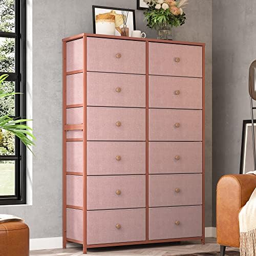 EnHomee Dresser with 12 Drawers, Tall Dressers for Girls Bedroom with Wood Top Metal Frame, Chest of Drawers for Bedroom, Closets, Pink, 11.9" D x 34.8" W x 52.2" H