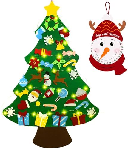 Flechllary 3ft DIY Felt Christmas Tree for Toddlers, Set Plus Snowman Advent Calendar with 33 Removable Ornaments, Wall Hanging Xmas Gift for Kids with String Lights (Batteries Not Included)