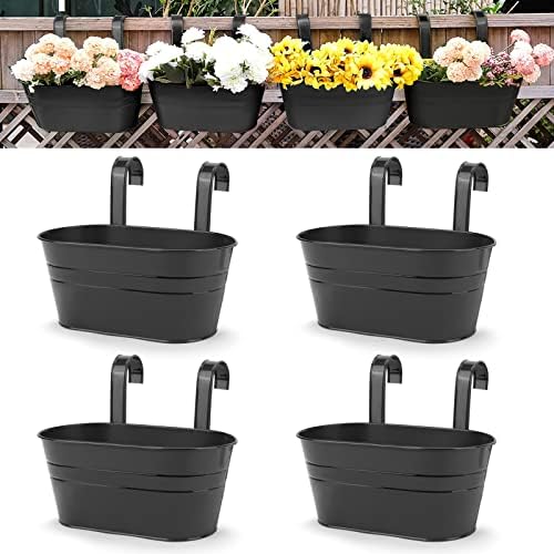 OGIMA 4pcs Large Hanging Flower Pots, Metal Iron Wall Planter Indoor/Outdoor for Railing Fence Balcony Garden Home Decoration with Detachable Hooks