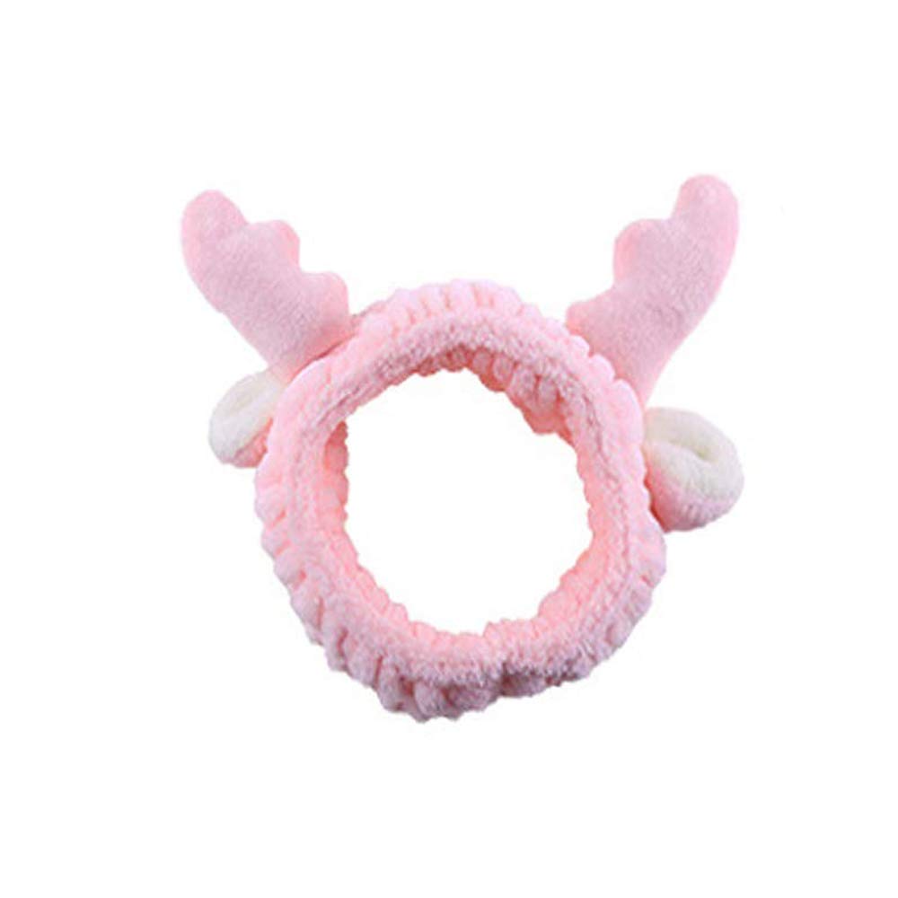 RKPM HOMES Cute Deer Antler Cat Ears Plush Headbands Soft Elastic Hair Loop Hair Bands Facial Makeup Wrap for Women Shower SPA Mask Pink