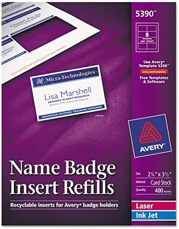 Avery 5390 Insert Badge Refill, Fits 2-1/4-Inch x3-1/2-Inch , 8/Sht, 400/BX, WE