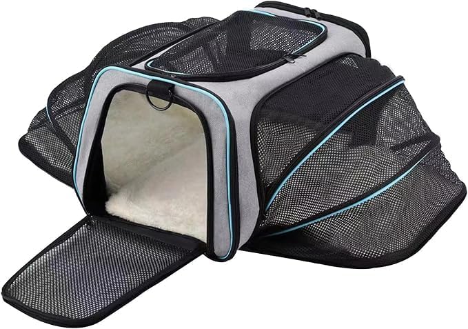 Pet Carrier Airline Approved, Expandable Cat Bag, Large Soft Sided Small Dog with Removable Fleece Pad for Cats, Puppy and Animals, Blue, 18inchLx 11inchWx 11inchH