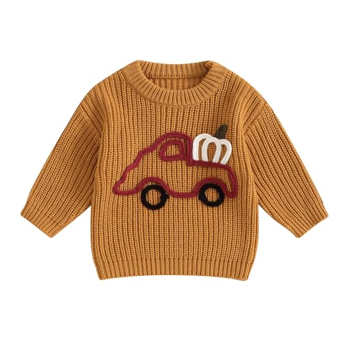 PanLidapan Toddler Baby Girl Boy Halloween Clothes Car Pumpkin Embroidered Jumper Long Sleeve Knitted Sweatshirt Sweater (Brown, 12-18 Months) 