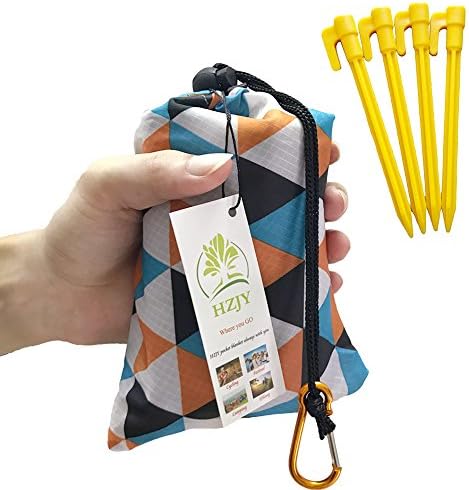 HZJOYUE Outdoor Picnic Blanket 71" x 55" -Compact, Lightweight, Pocket Blanket Best Mat for the Beach, Hiking, Travel, Camping, Festivals with Carabiner,Pockets, Loops, Stakes