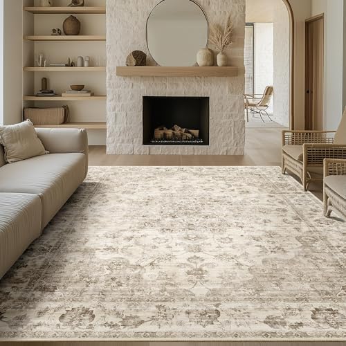 WondRg 8x10 Washable Neutral Area Rug Beige Floral Living Room Bedroom Large Carpet Non-Slip Low Pile Vintage Soft Thin Throw Rug for Dining Room Office Kitchen Indoor Nursery