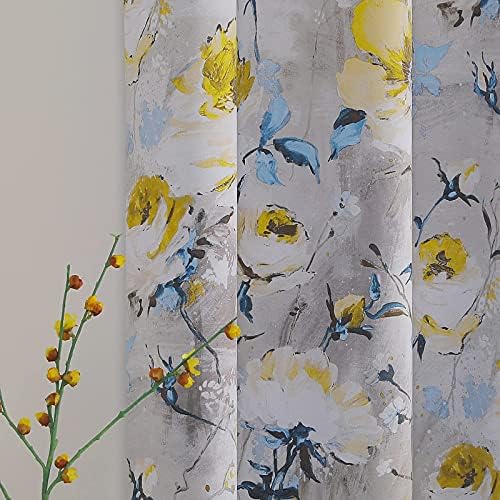 MYSKY HOME Floral Blackout Curtains for Living Room Darkening Thermal Insulated Curtain Vintage Floral Printed, 2 Panels, 52W x 95L Inch, Grey & Yellow