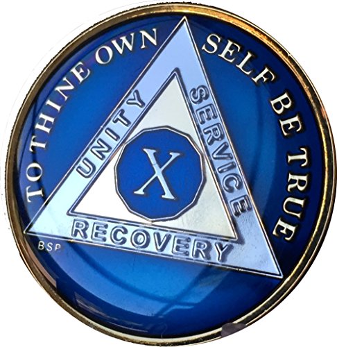 10 Year Midnight Blue AA Alcoholics Anonymous Medallion Chip Tri Plate Gold & Nickel Plated Serenity Prayer