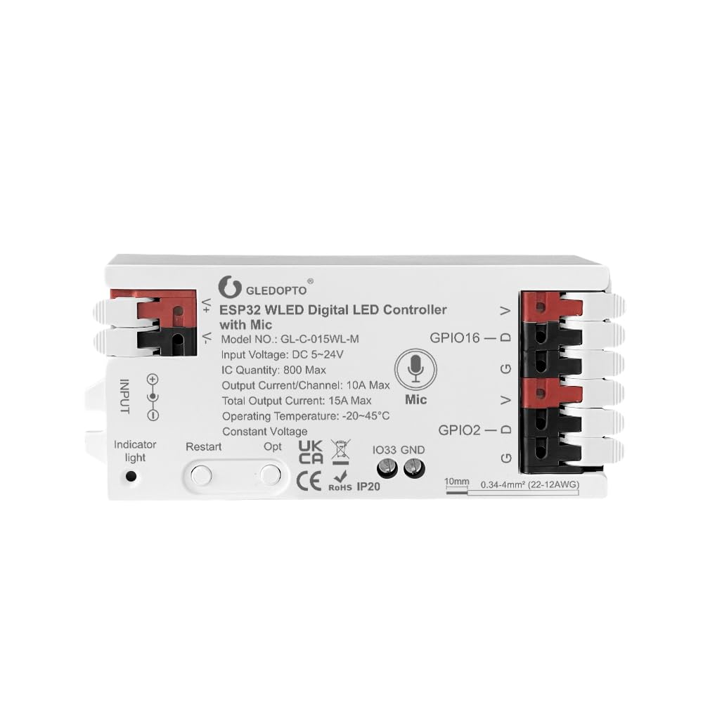 GLEDOPTO ESP32 WLED LED Controller Mic Microphone Music Dynamic RGB IC DIY App WS2811 WS2812 SK6812 TM1814 WS2813 WS2815 Strip [Energy Class F]