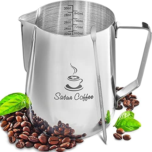 Milk Frothing Pitcher 30oz 900ml - Milk Jug 12 20 30oz - Measurements on Both Sides Inside Plus eBook - Stainless Steel Milk Frother Pitcher Espresso Cappuccino Coffee Latte Art Cup Steaming Pitcher