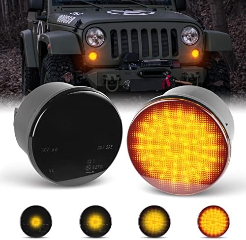 POPMOTORZ JK LED Sequential Dynamic Turn Signal Light LED Indicator Blinkers Compatible with Jeep Wrangler JK 2007-2018 Amber Parking Lights (Smoked Len)