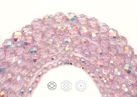 6mm (272pcs) 4 Strands, Crystal Pink Shimmer AB Coated, Czech Fire Polished Round Faceted Glass Beads, 16 inch Strand