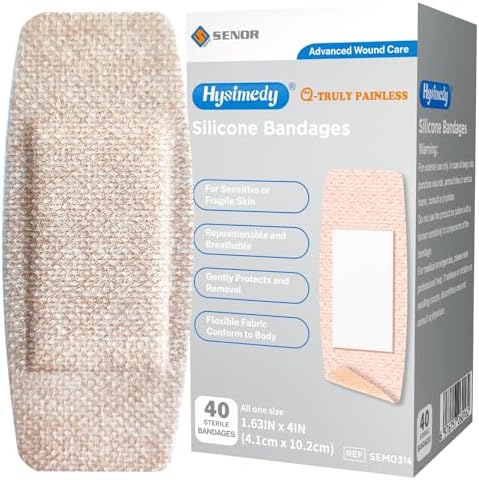 Hysimedy Silicone Bandages Large Size for Sensitive Fragile Skin - 1.63" x 4" 40 Counts - Latex Free Non Allergenic Hypoallergenic Painless Removal Flexible Fabric Bandages