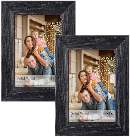 4x6 Picture Frame, Natural Solid Wood 4 by 6 Picture Frame for Tabletop or Wall Display Real Glass Rustic Black (2 Pack)