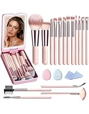 Makeup Brushes with Case, 20PCs Travel Makeup Brush Set, Foundation Concealer Blush Eyeshadow Brush Set Contour Powder Eyebrow Eyelash Brush Kit with Led Light Mirror Holder &amp; 2 Powder Puff-Pink