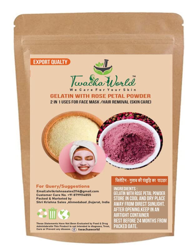 Twacha world Gelatin with Rose Petal Powder (2 in 1 Use) for DIY Peel Off Mask/Hair Removal (100 g)