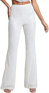 Women Sequin Flared Trousers High Waisted Sparkly Wide Leg Trousers Party Clubwear Shiny Bell Bottom Pants