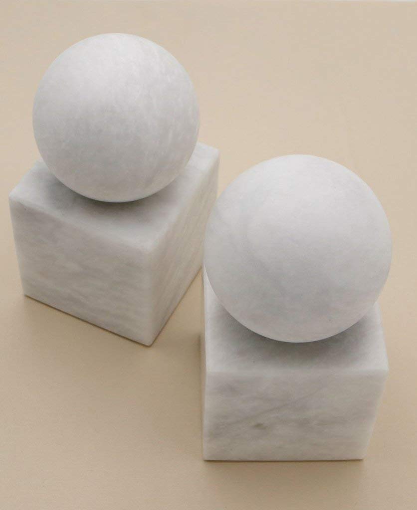 RM Decorative Marble Bookends | Holder Accessories | Geometric Bookends | Sphere and Cube Style | Book Stopper Table Top | Bookends for Shelves | Desk Organizer | Medium | Pack of 2 Peice | White