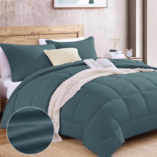 Monbix King Size Comforter Set - Comforter Set, Soft Bedding Sets for All Seasons - 3 Piece King Size Comforter Teal Color - 1 Comforter and 2 Pillow Shams (Dark Green, King, 102"x90")