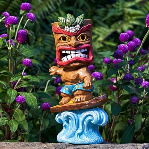 Yiosax Solar Tiki Statue Outdoor Decor-Tiki Bar Decor-Garden Tiki Surfing Statues Waterproof Decoration Figurine for Tiki Bar,Patio,Balcony,Yard,Lawn,Table,9.92 Inches Tall