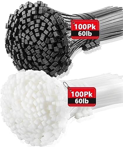 Zip Ties 12 Inch 200 Pack Black and White, 50lb, Cable Ties Heavy Duty Outdoor, Wire Ties, Plastic Tie Wraps, Zipties