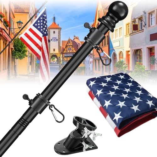 Barcetine Flag Pole Kit with 3x5 US Flag - Includes 5ft Heavy Duty Tangle Free Flagpole,Weather Resistant 3x5 Embroidered American Flag,Aluminum Holder Bracket,for Outside House,Porch,Outdoor