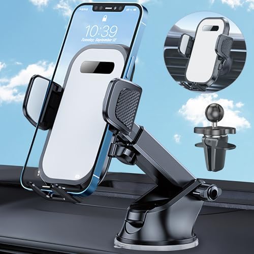 JUNJIAWU Car Phone Holder Mount: 3-in-1 Universal Cell Phone Holder Windshield Dashboard Vent Clip Hands Free Car Mount for iPhone Samsung All Smartphone (Silicone Surface)