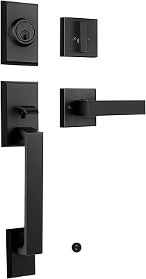 LOQRON Front Door Handleset Heavy Duty Door Handle and Deadbolt Lock Set, Square Entry Handle Set with Single Cylinder Deadbolt for Right & Left Handed Doors, Matte Black