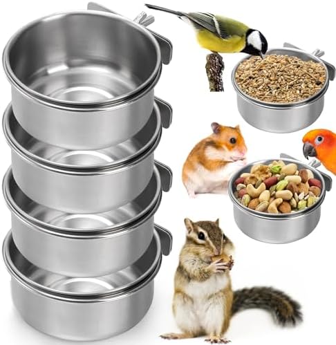 Okllen 4 Pack Bird Feeding Dish Cups, Detachable Stainless Steel Bird Food Bowls with Clamp, Bird Cage Feeder Hanging Pet Bowl for Chinchilla Parrot Cockatiel Conure Budgies Parakeet Small Animal