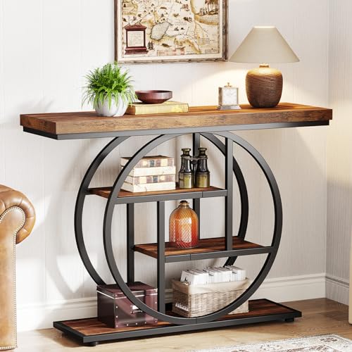 Tribesigns 41.3" Console Table, Industrial 4-Tier Sofa Table Entryway Table with Circle Base, Narrow Wood Accent Tables with Storage Shelves for Living Room, Hallway, Foyer, Rustic Brown