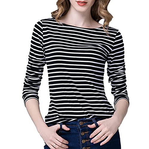 WSLCN Womens Casual Long Sleeve T-Shirt Boat Neck Slim Stripe Basic Tee Top Black (US XXL/Asian 4XL)