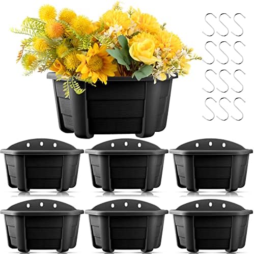 EBOOT 6 Pcs Hanging Planters, Dark Coffee, Plastic with Hooks, Outdoor Planters, Flower Boxes, Suitable for Balcony, Fence Rails, Garden Display, Herbs, Succulents, Plants