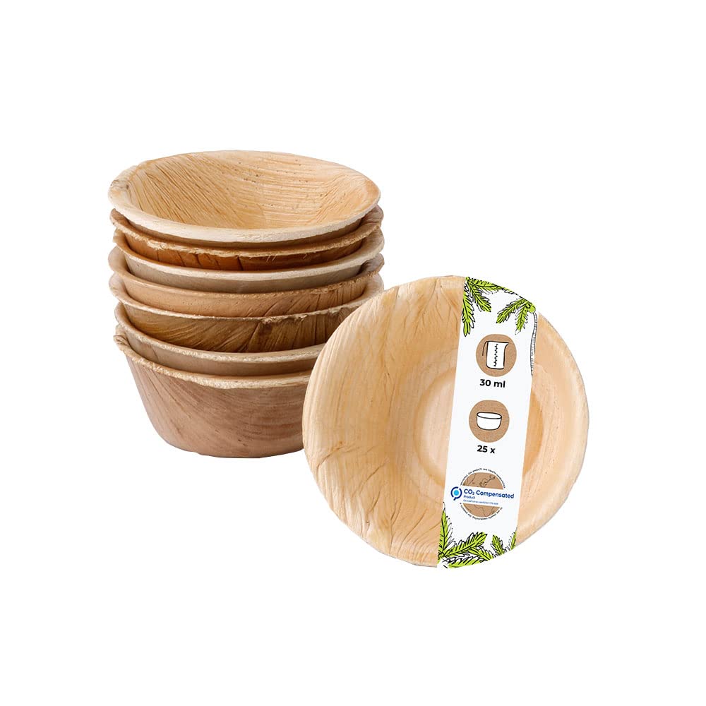 GREENBOXPack of 25 Sustainable Palm Leaf Dip Bowls, 30 ml Round, Biodegradable, Compostable, Disposable Tableware for Catering, Food Trucks, Events, Party Tableware