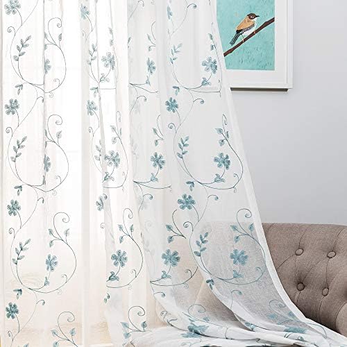 Blue Sheer Curtains 84 Inches Long, Floral Embroidered Rod Pocket Sheer Drapes for Living Room, Bedroom, 2 Panels, 52"x84", Semi Crinkle Voile Window Treatments for Yard, Patio, Villa, Parlor .