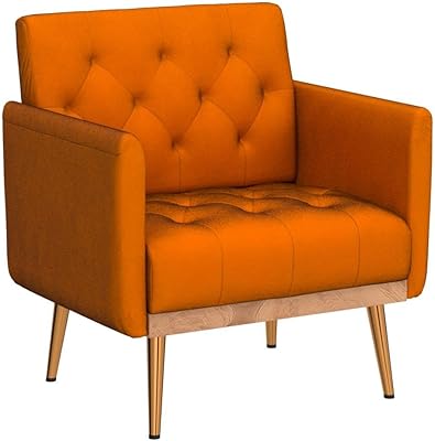 JOYBASE Velvet Accent Chair, Velvet Armchair, Mid Century Modern Chair with Metal Legs, Tufted Accent Chair, Comfy Reading Chair, Arm Chair for Living Room, Bedroom (Orange)