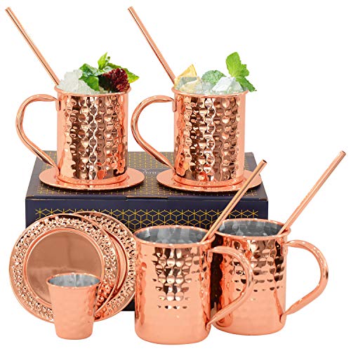 Set of 4 Moscow Mule Mugs - Copper Hammered Stainless Steel Copper Mugs - 12 oz Handmade Cocktail Copper Mugs Set with Straws Shot Glass Coasters