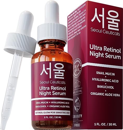 SeoulCeuticals 1% Korean Retinol Night Serum for Face - 97.5% Snail Mucin + Hyaluronic Acid + Bakuchiol, Cruelty Free K Beauty for Sensitive Skin 1oz