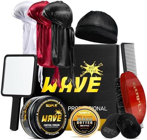 Wave Pomade for Men - Strong Hold, Easy Wash, Promotes Layered Waves, Moisture, Silky Shine, Hair Cream, Grease, Brush, Durag, Cap Set (Red)