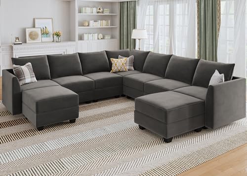 HONBAY Modular Sectional Sofa Velvet U Shaped Couch with Storage Oversized Sectional Sofa Couch for Living Room, Grey